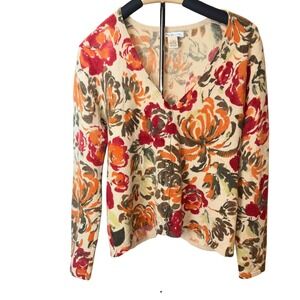 Vintage Susan Bristol Lambswool Angora Floral Cardigan Sweater Orange Red L